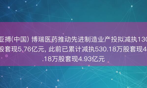 亚搏(中国) 博瑞医药推动先进制造业产投拟减执1307.38万股套现5.76亿元， 此前已累计减执530.18万股套现4.93亿元